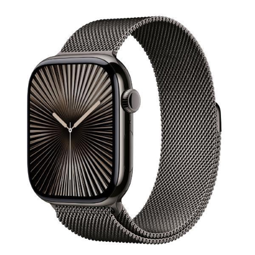 Apple Watch Series 10 (GPS + Cellular) - 42 mm - slate titanium - smartwatch con bracciale milanese - cinturino a rete in acciaio inossidabile - ardesia - dimensione della fascia: M/L - 64 GB - LTE, Wi-Fi 4, UWB, Bluetooth - 4G - 34.4 g